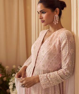 Pink georgette readymade anarkali suit with chikankari & embroidery work 3