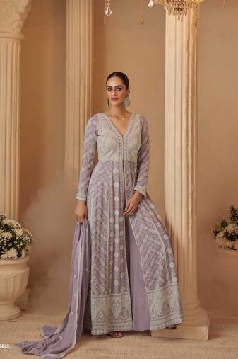 Lavender georgette readymade anarkali suit with chikankari & embroidery work