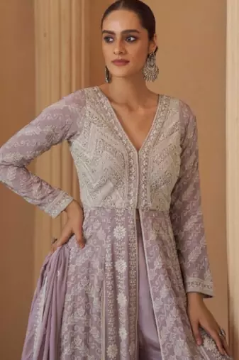 Lavender georgette readymade anarkali suit with chikankari & embroidery work