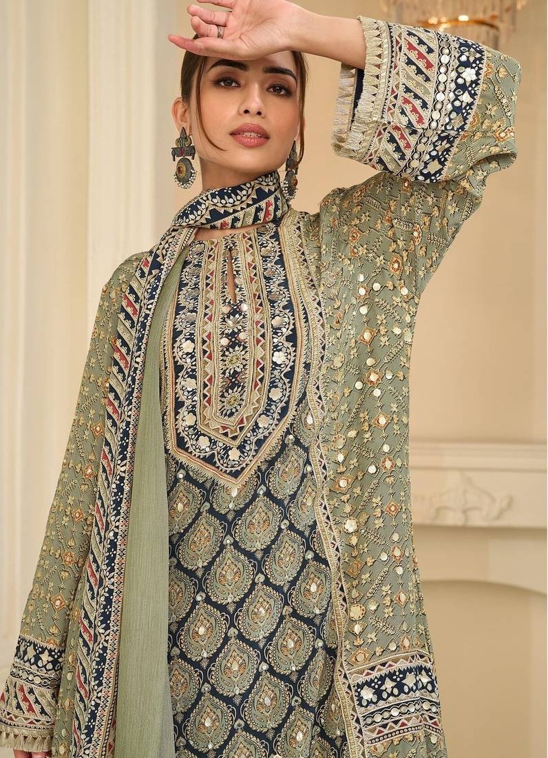 Pista crepe readymade suit with embroidery & aari work