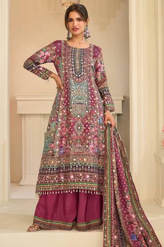 Purple crepe readymade suit with embroidery & aari work