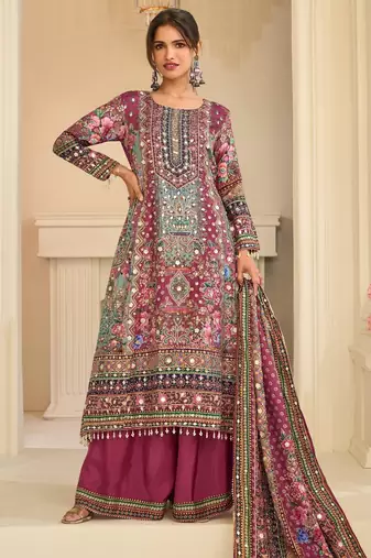 Purple crepe readymade suit with embroidery & aari work