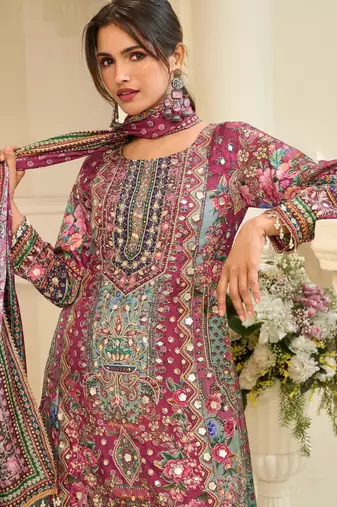 Purple crepe readymade suit with embroidery & aari work