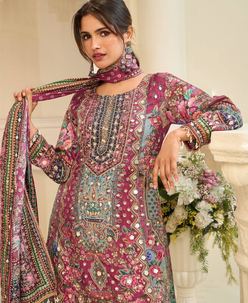 Purple crepe readymade suit with embroidery & aari work