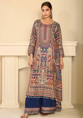 Navy crepe readymade suit with embroidery & aari work 1