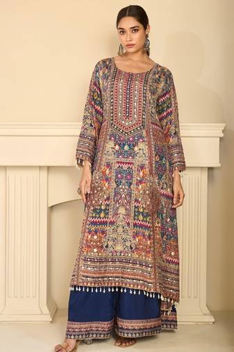 Navy crepe readymade suit with embroidery & aari work