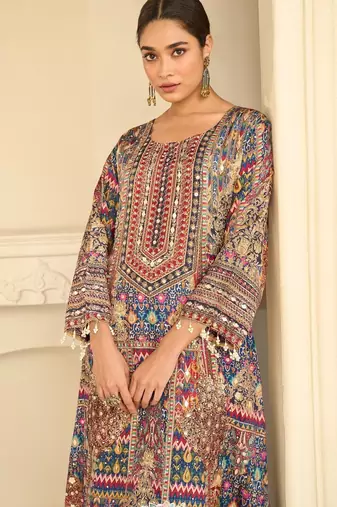 Navy crepe readymade suit with embroidery & aari work