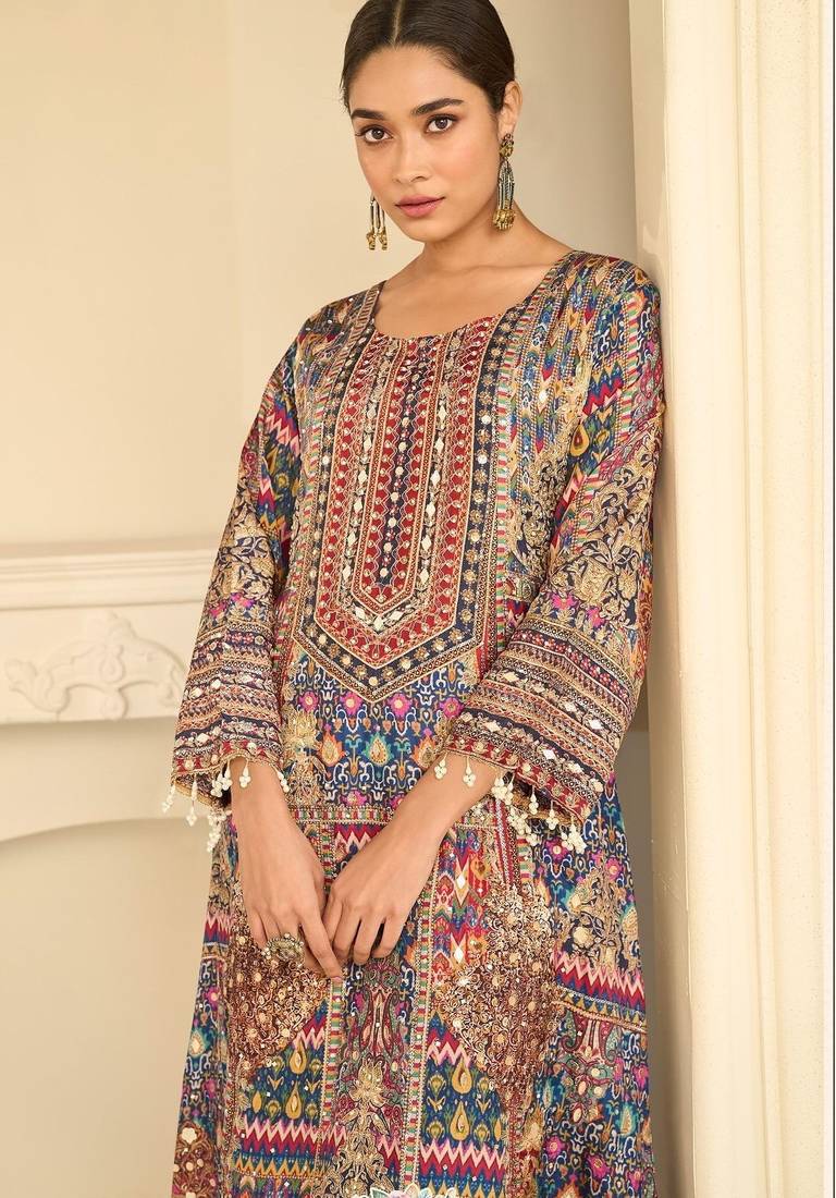 Navy crepe readymade suit with embroidery & aari work