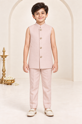 Boys dusty pink cotton blend botanical embroidered sherwani & trouser set with waistcoat 5