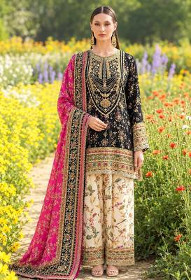 Black chinon readymade printed suit with diamond work 1