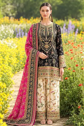 Black chinon readymade printed suit with diamond work
