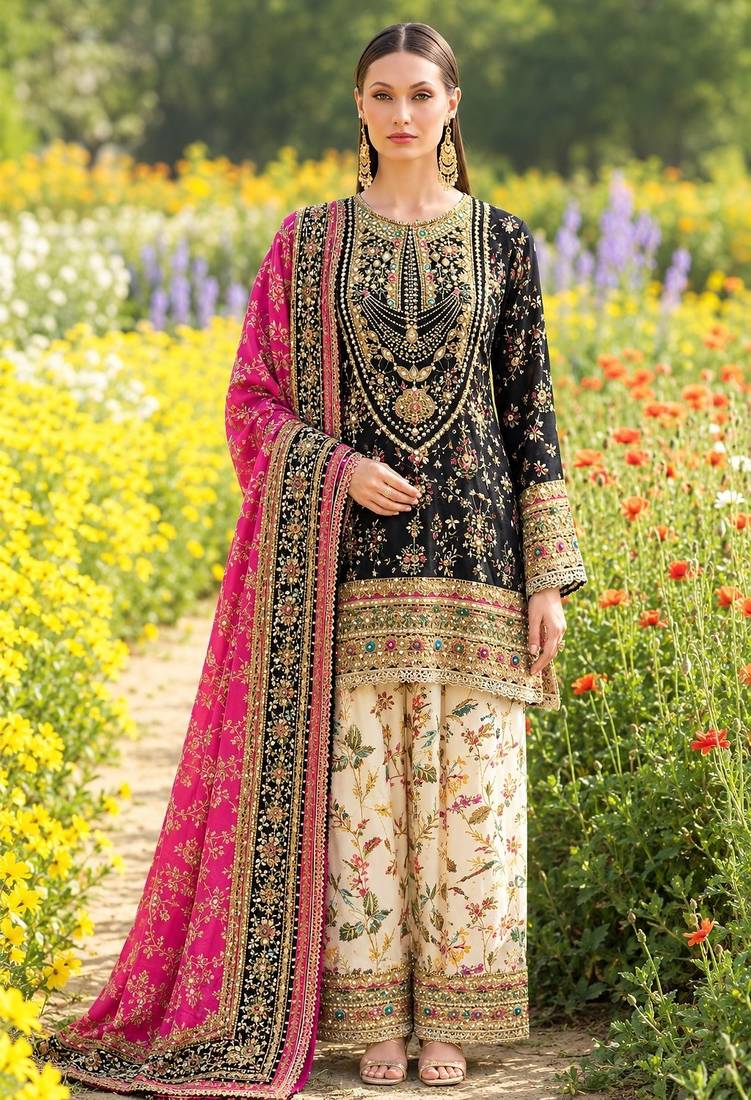 Black chinon readymade printed suit with diamond work