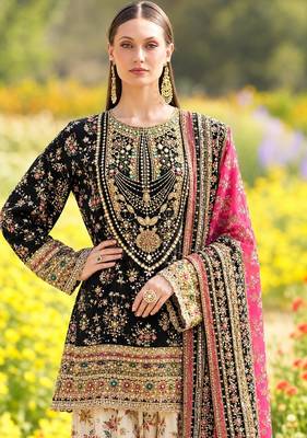 Black chinon readymade printed suit with diamond work 2