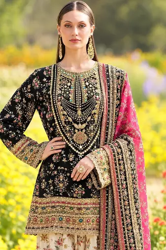 Black chinon readymade printed suit with diamond work