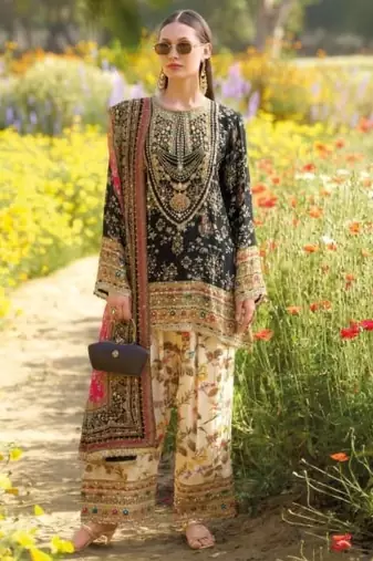 Black chinon readymade printed suit with diamond work