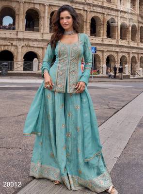 Blue chinon readymade suit with embroidery & sequence work 1