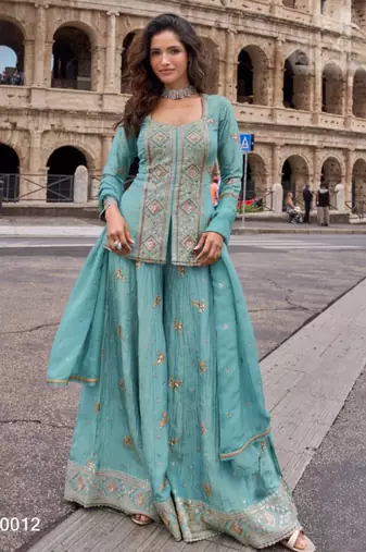 Blue chinon readymade suit with embroidery & sequence work