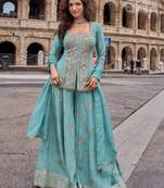 Blue chinon readymade suit with embroidery & sequence work