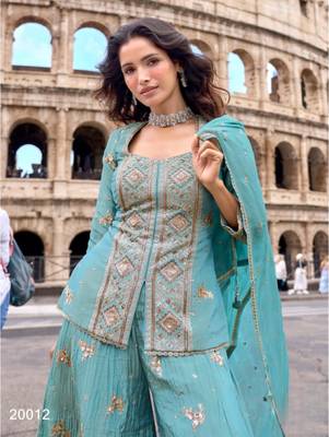 Blue chinon readymade suit with embroidery & sequence work 2