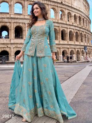 Blue chinon readymade suit with embroidery & sequence work 3