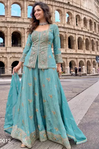 Blue chinon readymade suit with embroidery & sequence work