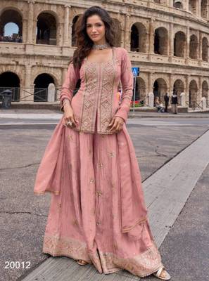 Peach chinon readymade suit with embroidery & sequence work 1