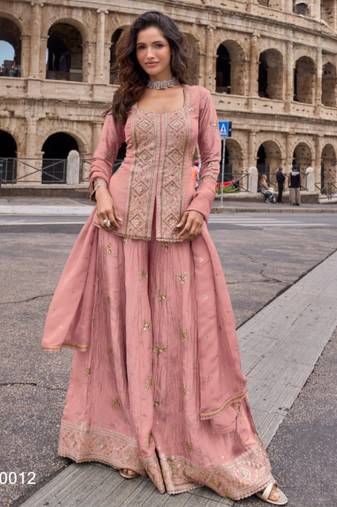 Peach chinon readymade suit with embroidery & sequence work