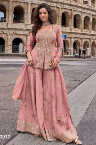 Peach chinon readymade suit with embroidery & sequence work