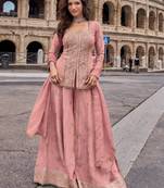 Peach chinon readymade suit with embroidery & sequence work