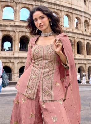 Peach chinon readymade suit with embroidery & sequence work 2