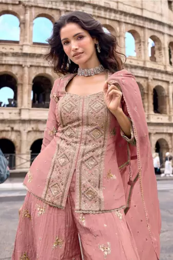 Peach chinon readymade suit with embroidery & sequence work