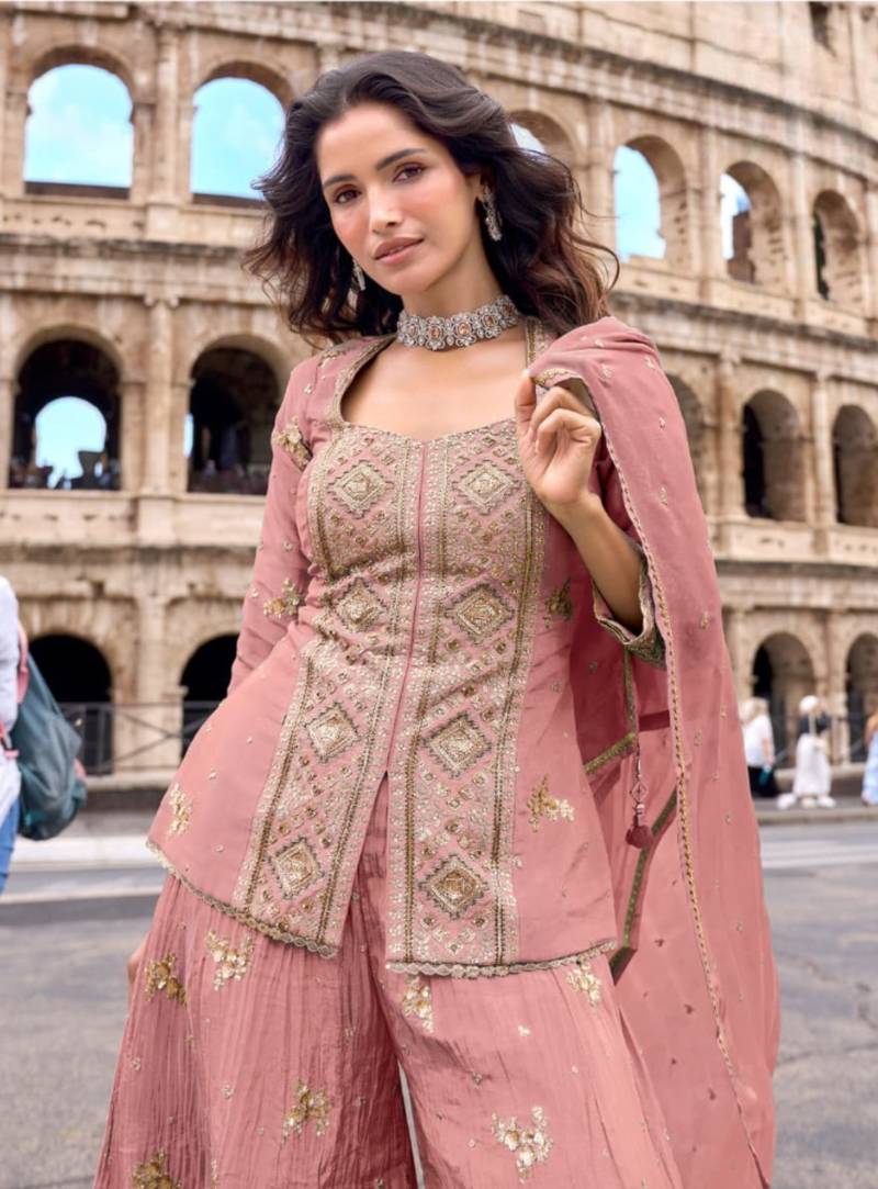 Peach chinon readymade suit with embroidery & sequence work