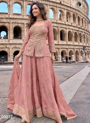 Peach chinon readymade suit with embroidery & sequence work 3