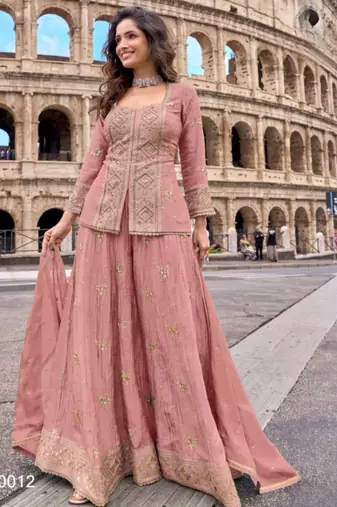 Peach chinon readymade suit with embroidery & sequence work