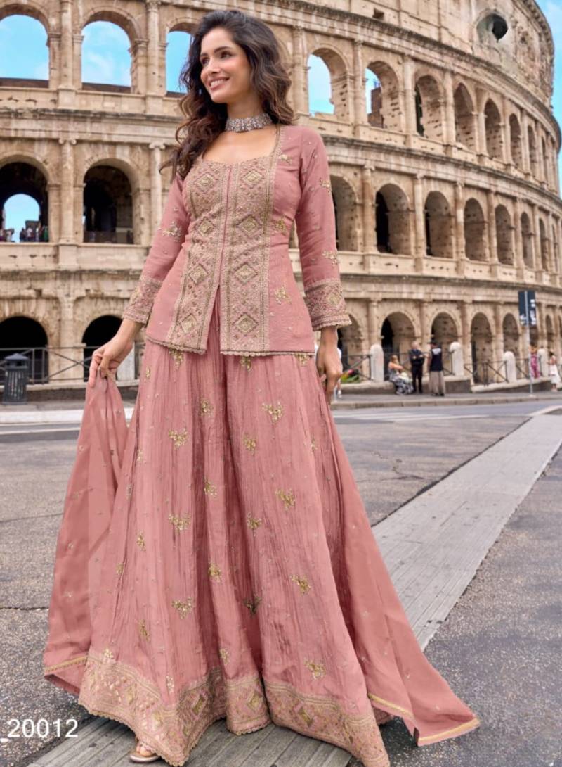 Peach chinon readymade suit with embroidery & sequence work