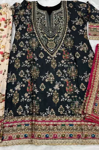 Black chinon readymade printed suit with diamond work