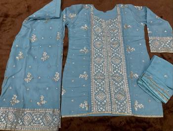 Blue chinon readymade suit with embroidery & sequence work 4