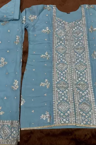 Blue chinon readymade suit with embroidery & sequence work