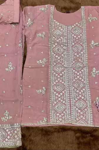 Peach chinon readymade suit with embroidery & sequence work