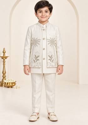 Boys off white cotton blend botanical embroidered sherwani & trouser set with waistcoat 1