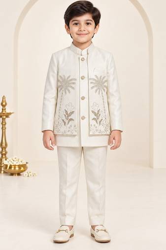 Boys off white cotton blend botanical embroidered sherwani & trouser set with waistcoat