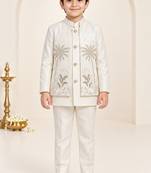 Boys off white cotton blend botanical embroidered sherwani & trouser set with waistcoat