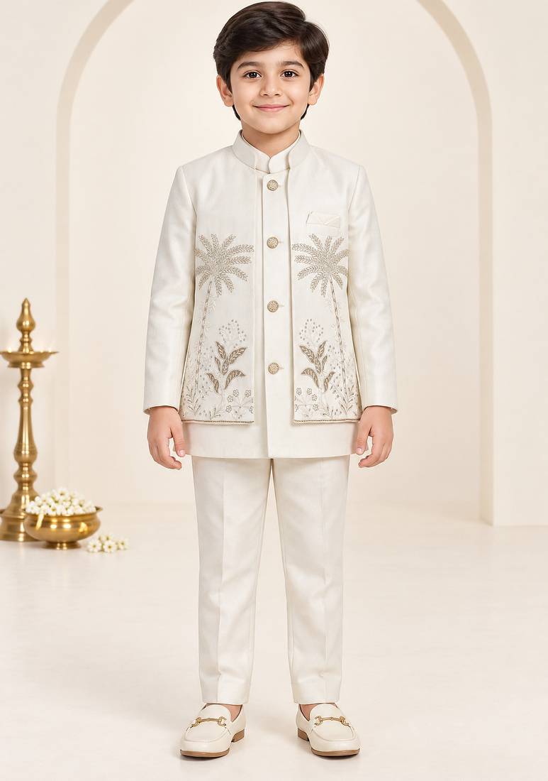 Boys off white cotton blend botanical embroidered sherwani & trouser set with waistcoat