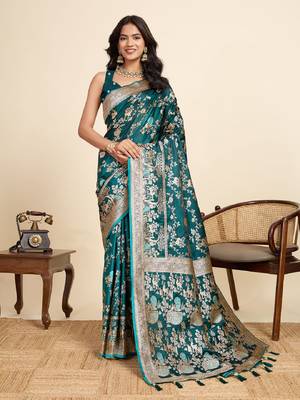 green embroidery with zari work sartin saree with blouse 2