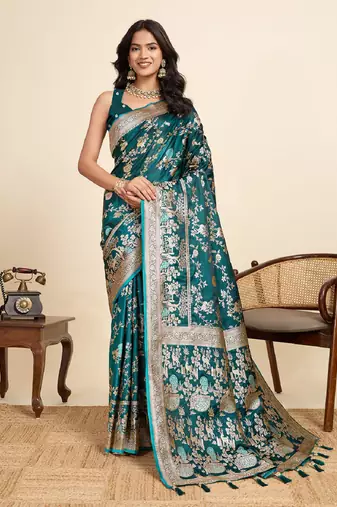 green embroidery with zari work sartin saree with blouse