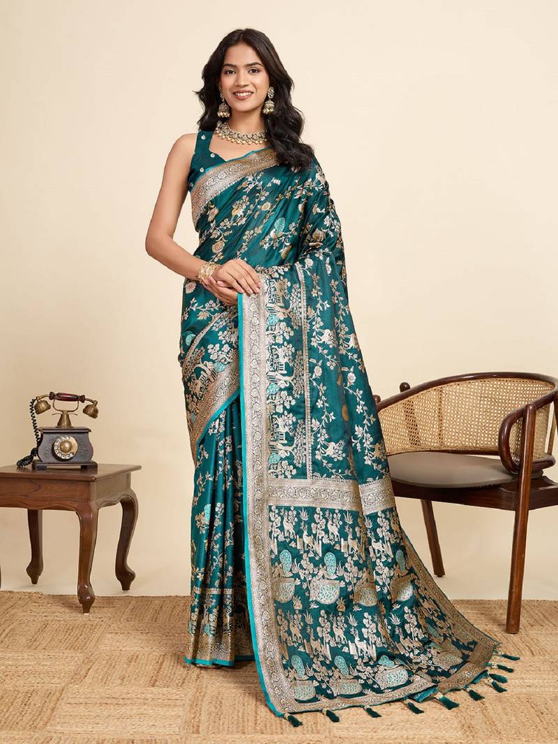 green embroidery with zari work sartin saree with blouse