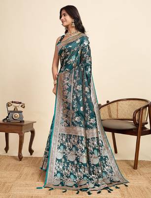 green embroidery with zari work sartin saree with blouse 3