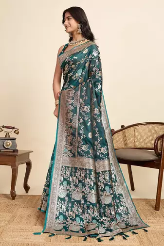 green embroidery with zari work sartin saree with blouse