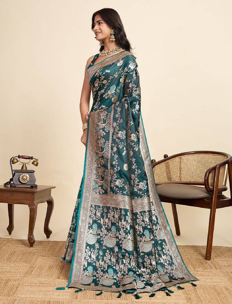 green embroidery with zari work sartin saree with blouse