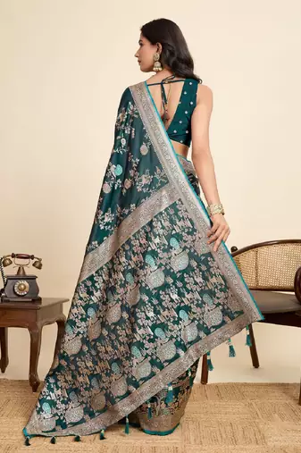 green embroidery with zari work sartin saree with blouse
